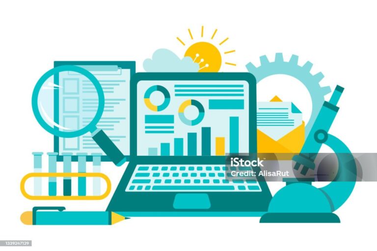 Biological and clinical research. Analyzes and diagnostics. Infographics of laboratory research results on the screen of a laptop, microscope, test tubes. Concept vector illustration.
